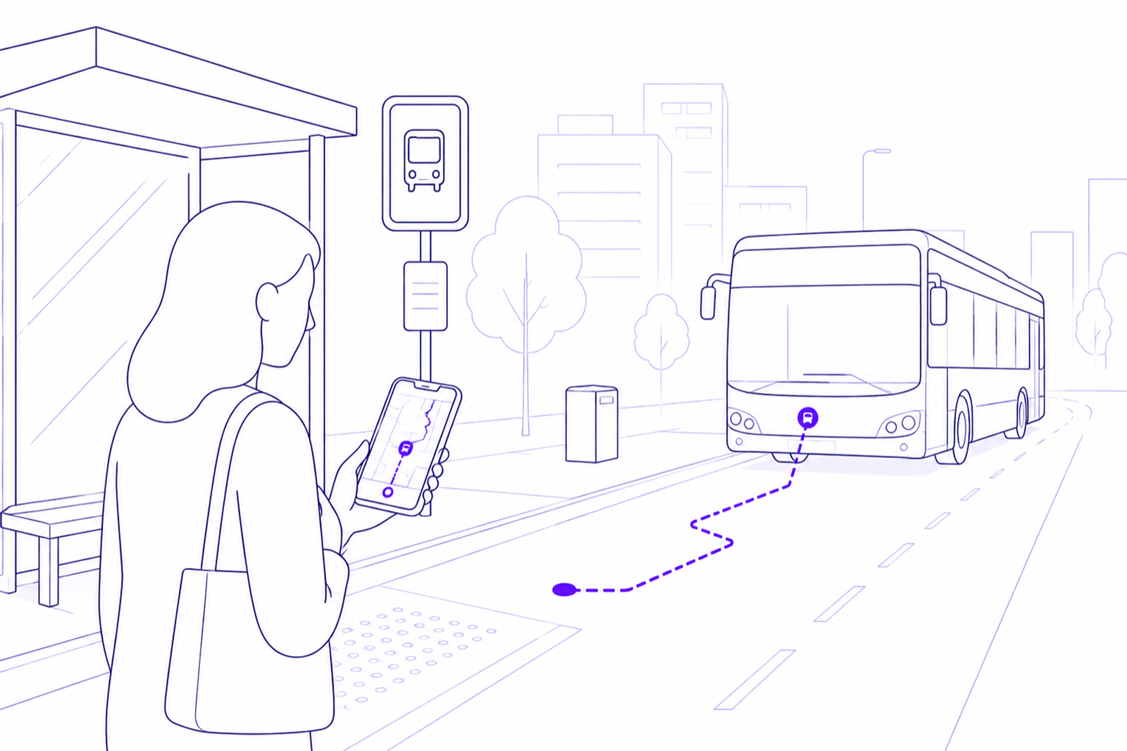 A commuter at a bus stop seeing their bus is running late as it arrives