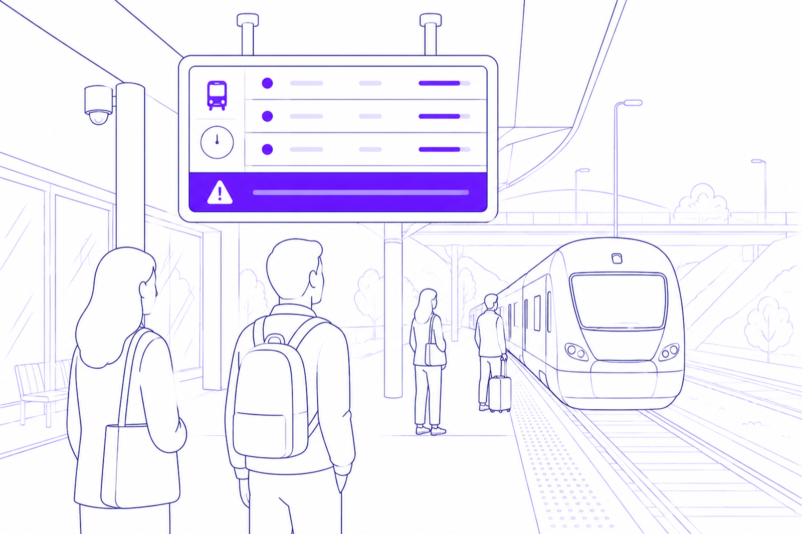 Passengers reading a real-time departures display on the platform